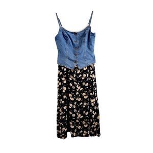 Vintage 90s Paris Blues Denim Vest Midi Dress Floral Daisy Prairie Western L 11